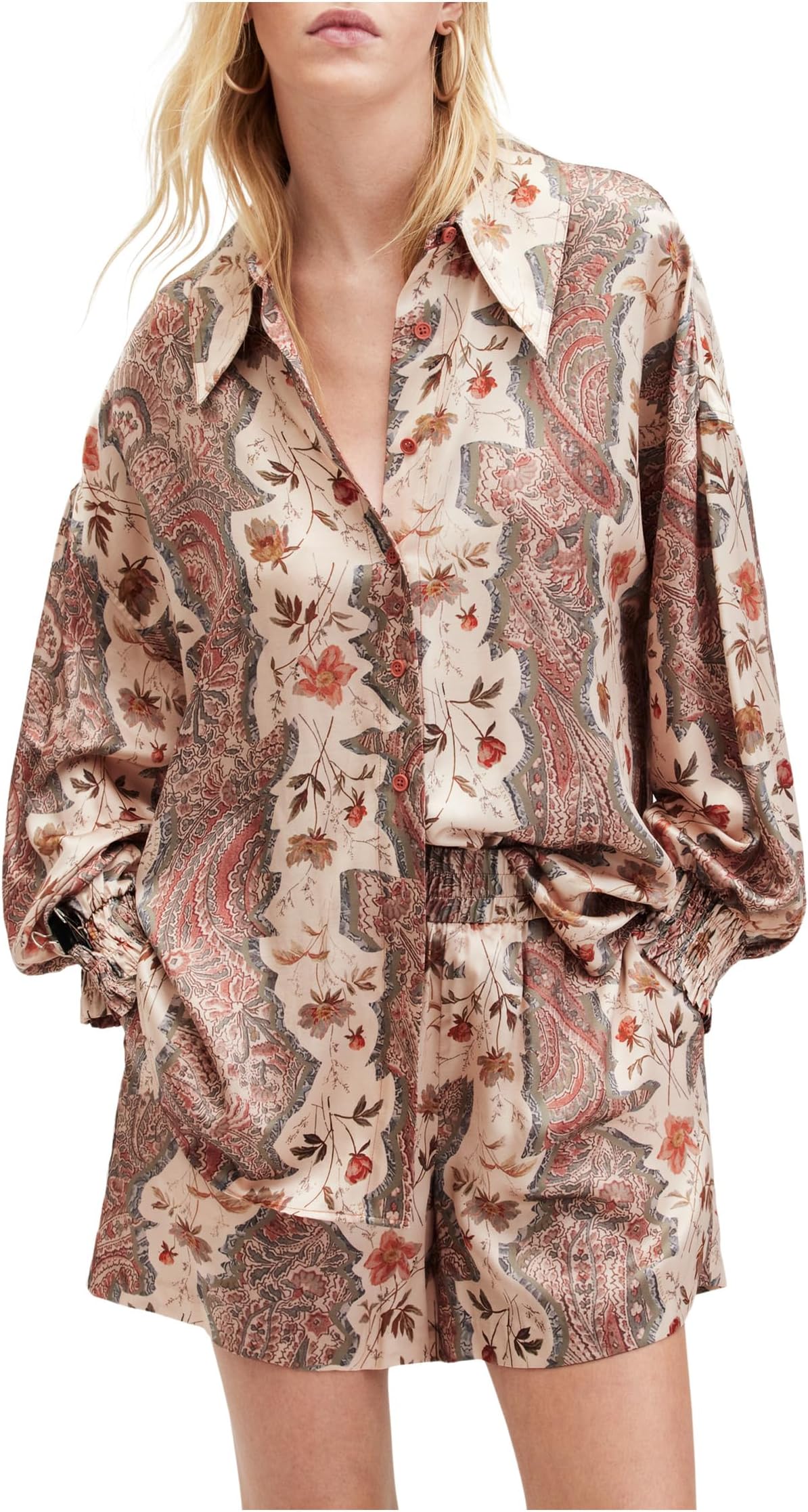 

Рубашка AllSaints Charli Cascade Shirt, цвет Clay Pink