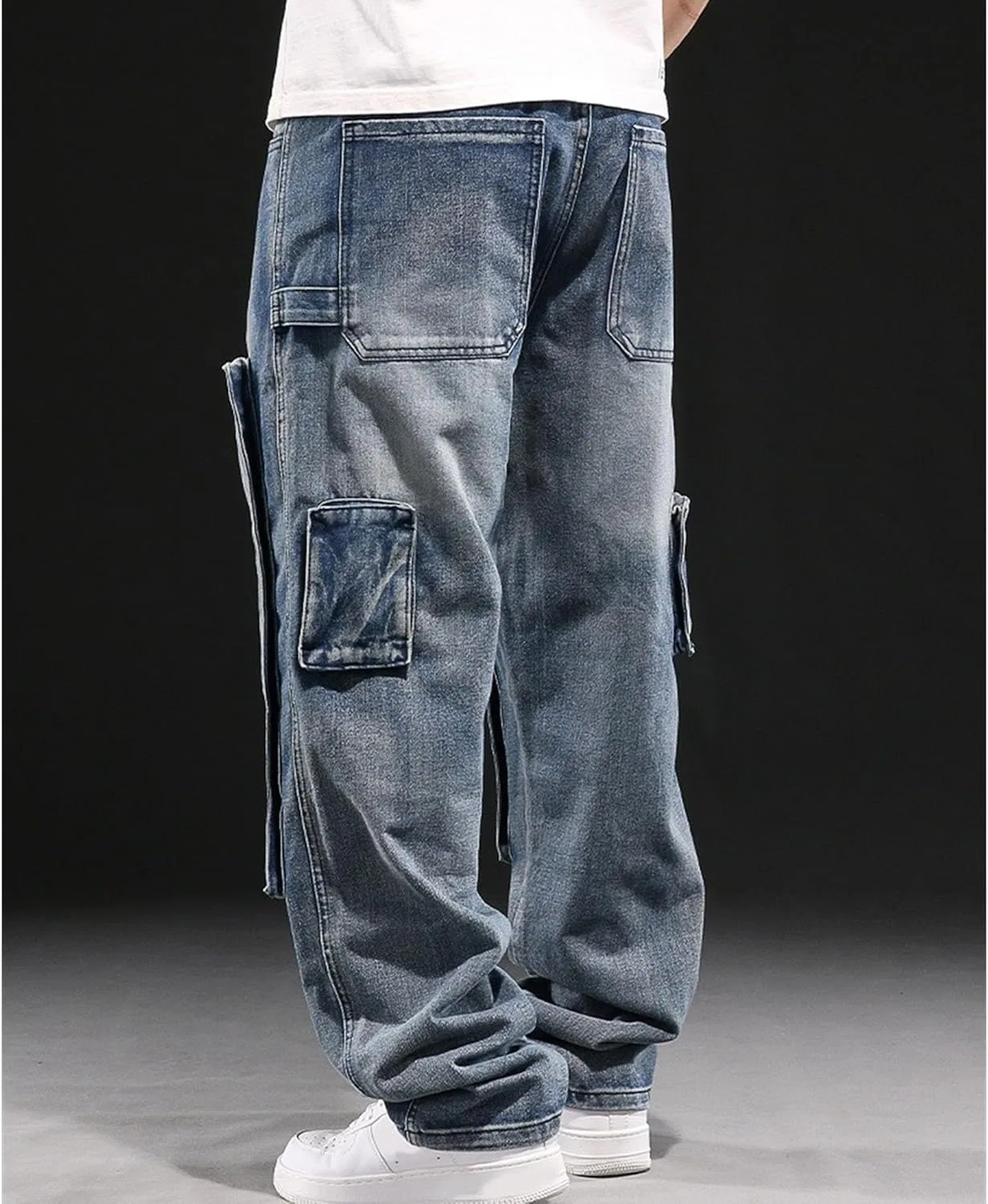 Джинсы свободные Men's Jeans Relaxed Fit Y2k Baggy Jeans Trendy Hip Hop Motorcycle Pants Straight Leg Skater Loose Denim Jean, синий — фото 3
