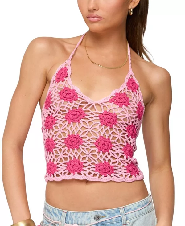 

Контрастный вязаный крючком топ с цветочным узором. Edikted, розовый