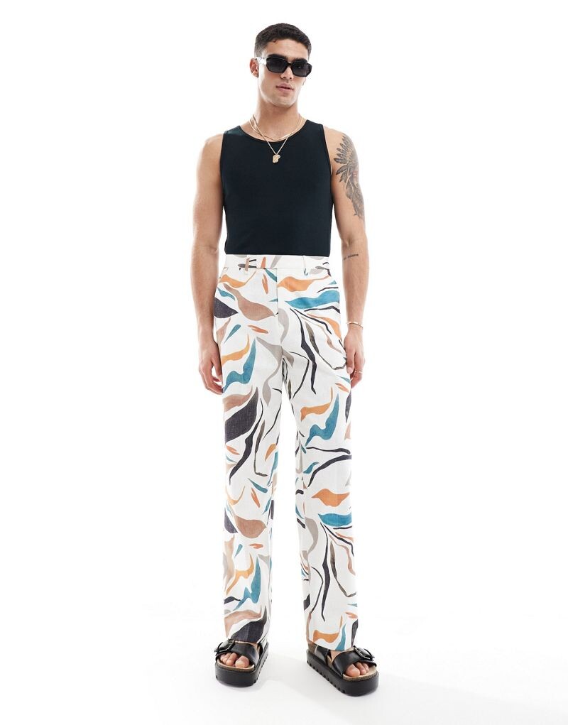 

Элегантные широкие брюки из смесового льна ASOS DESIGN с абстрактным цветочным узором