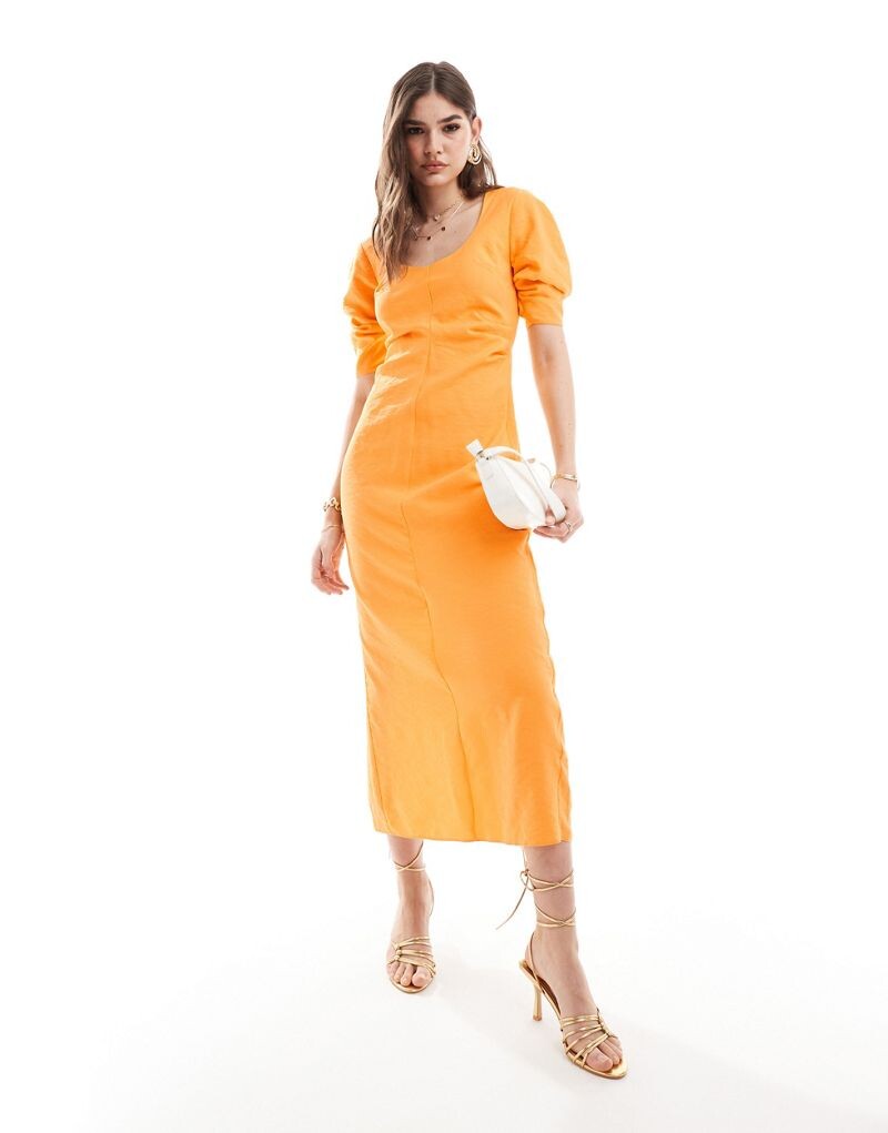 

ASOS DESIGN – оранжевое платье миди со складками на талии и U-образным вырезом