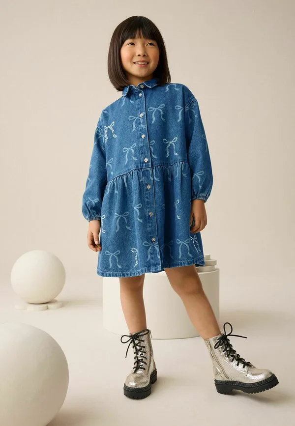Джинсовое платье прямого кроя с бантом и стразами Next, Blue Denim