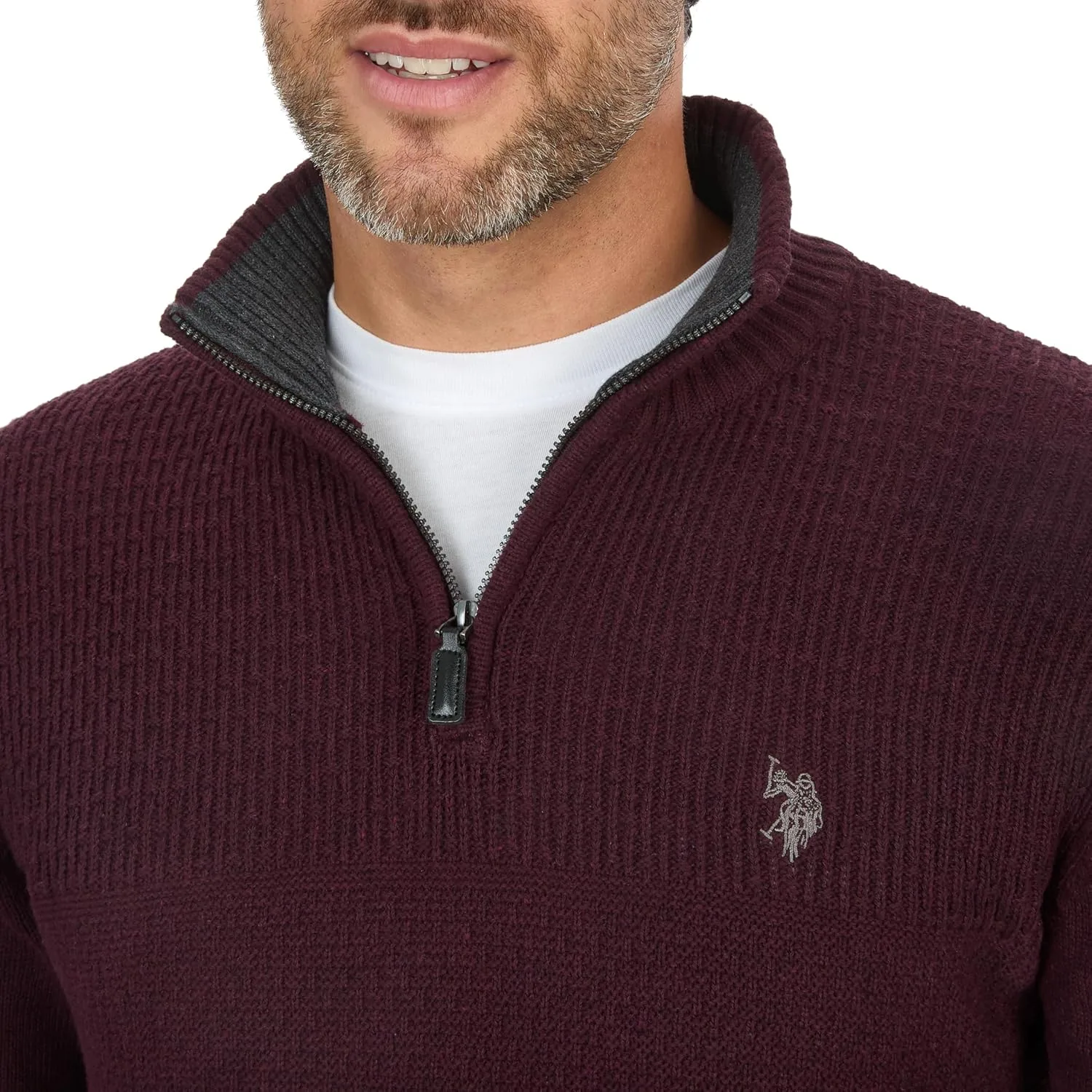 U.S. Polo Assn. мужской свитер с кабельной вязкой и молнией на четверть, Burgundy Heather — фото 3