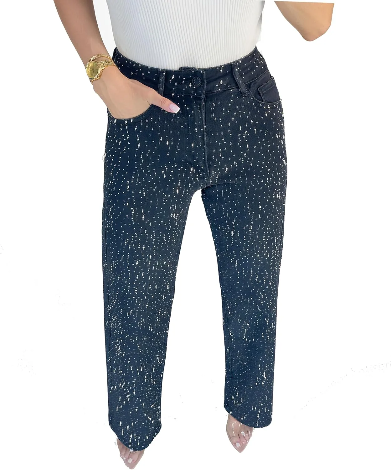 

Женские джинсы с ромбами и стразами High Waist Straight Wide Leg Stretchy Bling Denim Pants JBISJQLJ