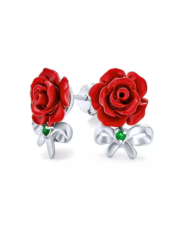 

Нежные цветочные серьги-гвоздики с изумрудно-зеленым бантом из фианита и красной розой, 3D-резные, из стерлингового серебра Bling Jewelry, red
