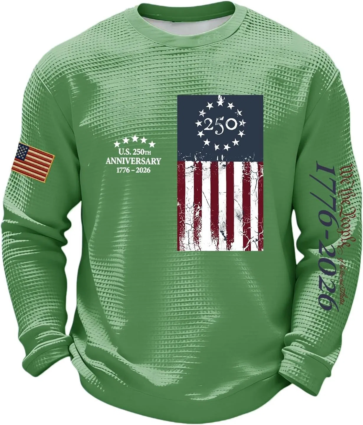 Футболка мужская длинный рукав с американским флагом, вафельная вязка, 2-light Green