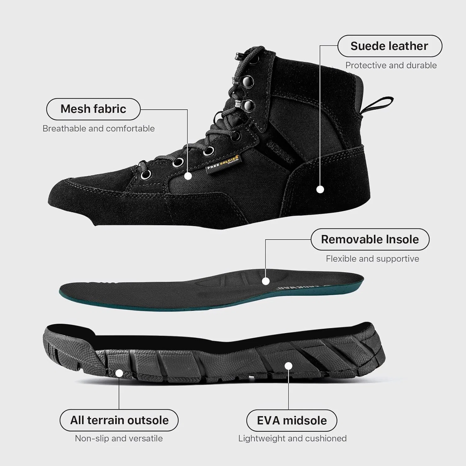 Сверхлегкие военные тактические ботинки FREE SOLDIER Herren Stiefeletten Arbeit Stiefel Knöchelhoch 6 дюймов Zoll Spitze bis atmungsaktiv Desert Boots, Black (Black 1) — фото 4