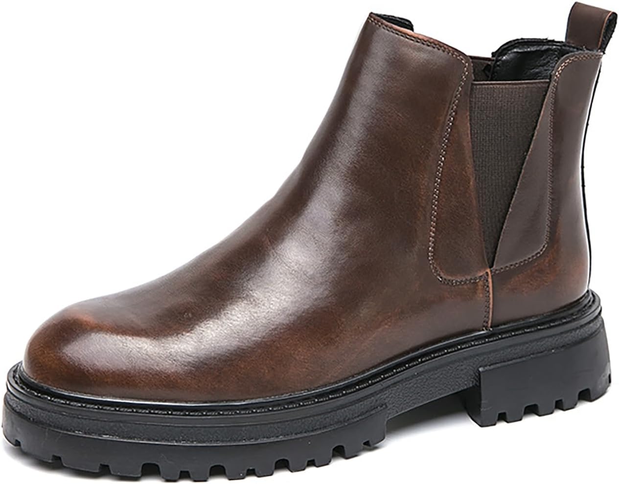 

Мужские кожаные деловые челси-ботинки на платформе с рифленой подошвой, без шнурков, ретро стиль, повседневные высокие ботинки с круглыми носками, эластичные ботинки до щиколотки, удобные, нескользящие, нарядные ботинки для мужчин Generic, корич...