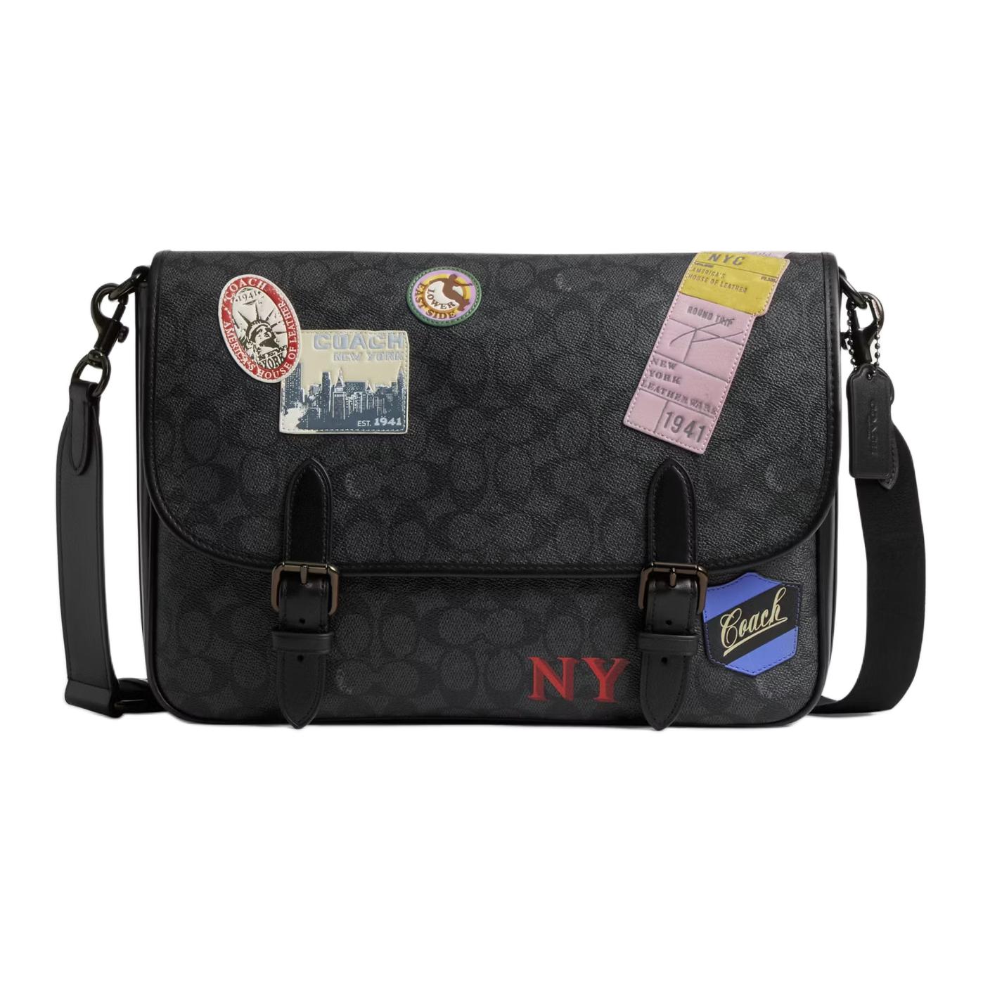 

COACH Кожаный мессенджер HitchSignature через плечо большой мужской угольно-серый