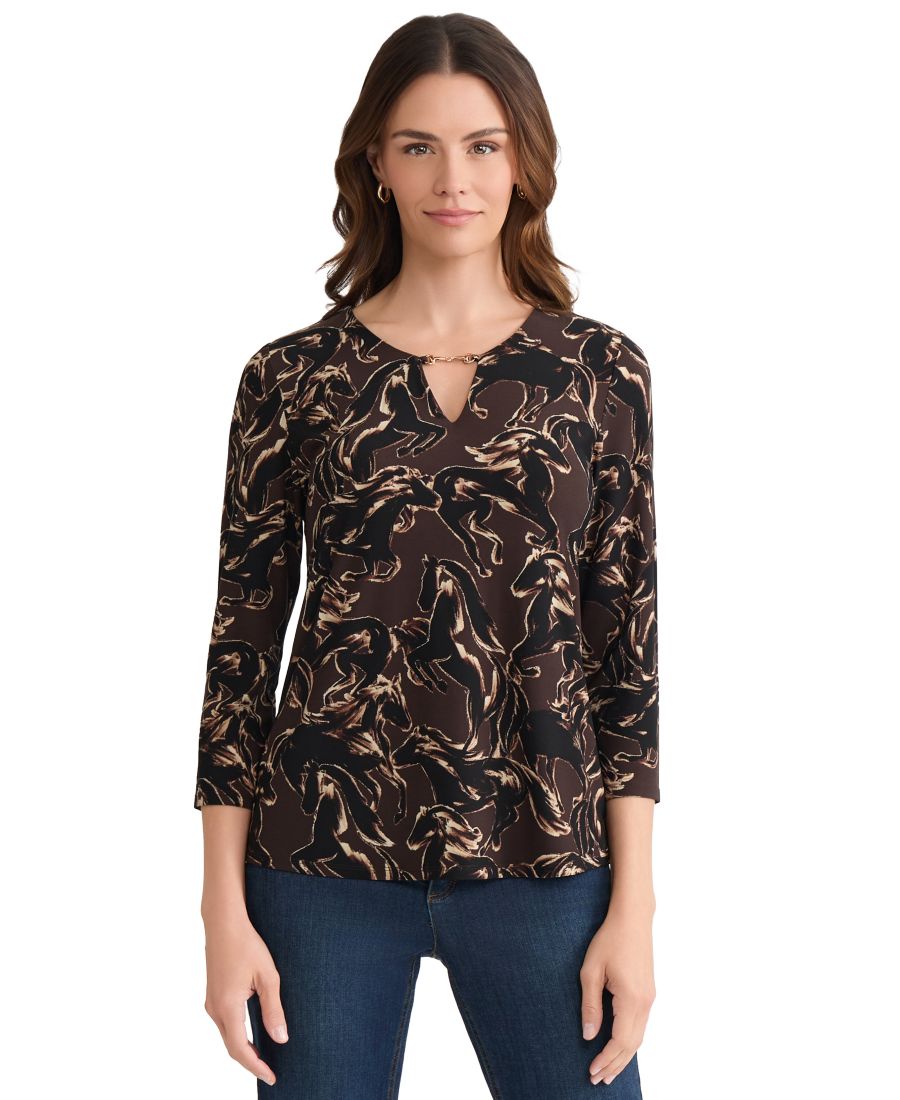 

Женская блузка с V-образным вырезом и отделкой, с принтом Jones New York, Dark Brown