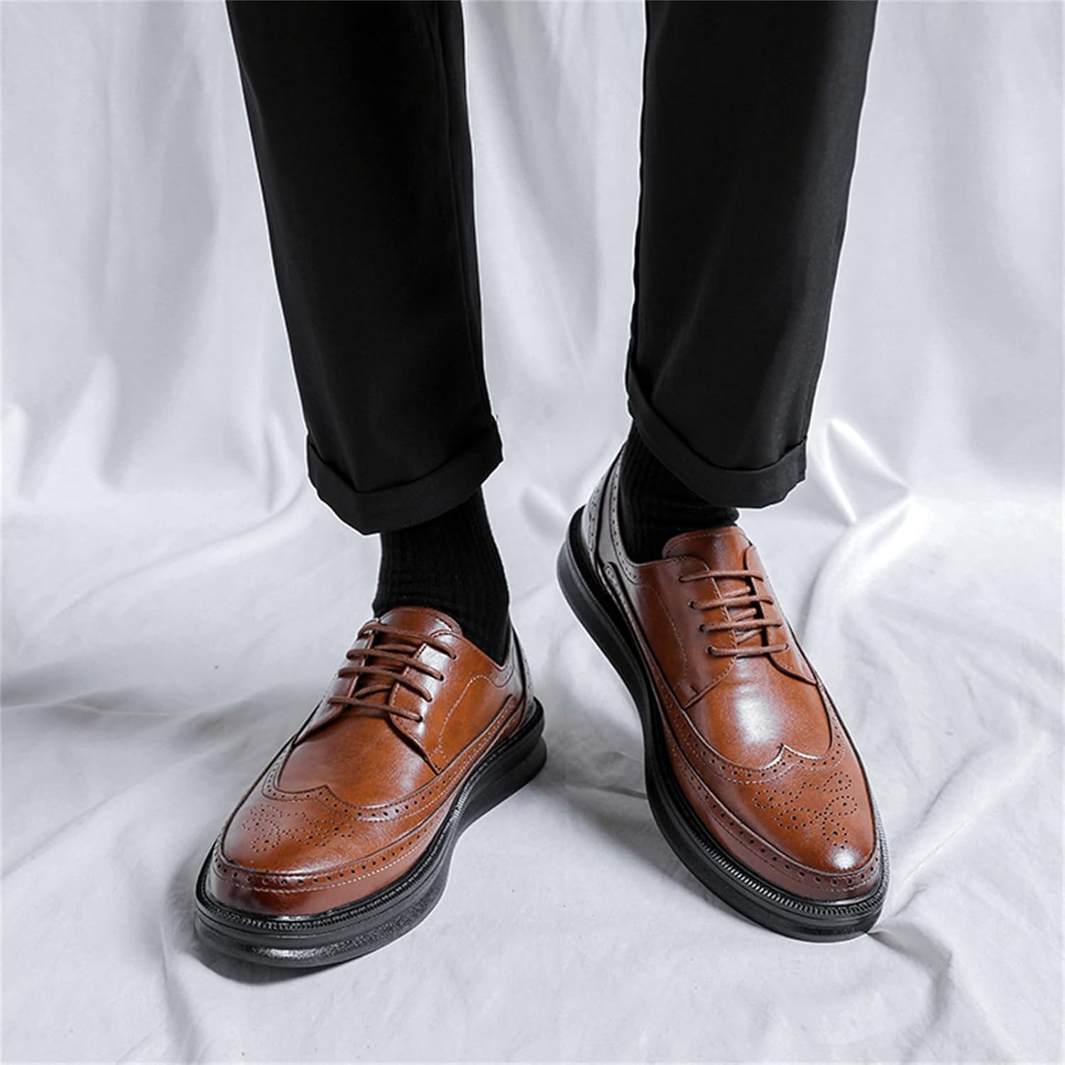 Мужские кожаные оксфорды с перфорацией Wingtip, дышащие, на шнуровке, с противоскользящей резиновой подошвой, ортопедическим комфортом для деловой одежды Jhfdioy, коричневый — фото 3