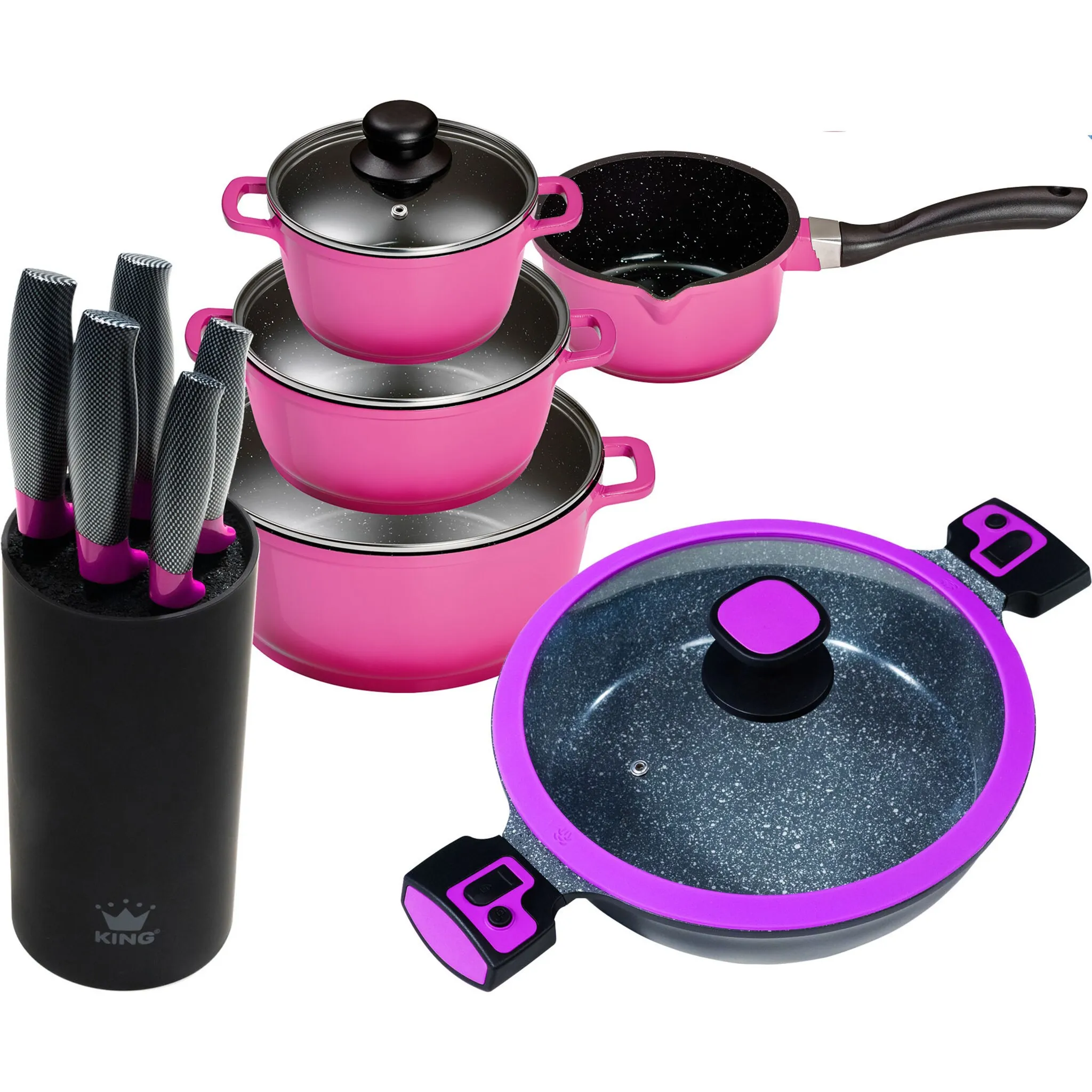 

Набор кастрюль KING, литой алюминий, (набор, 11 предметов, 4 кастрюли, 1 сервировочная сковорода, 4 крышки, 1 блок ножей, 5 поварских ножей), индукция, фиолетовый
