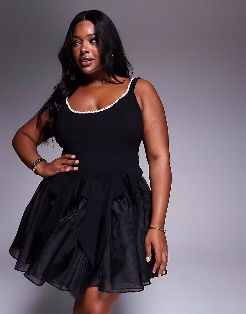 

Мини-платье-корсет с жемчужной отделкой и бантами ASOS LUXE Curve черного цвета