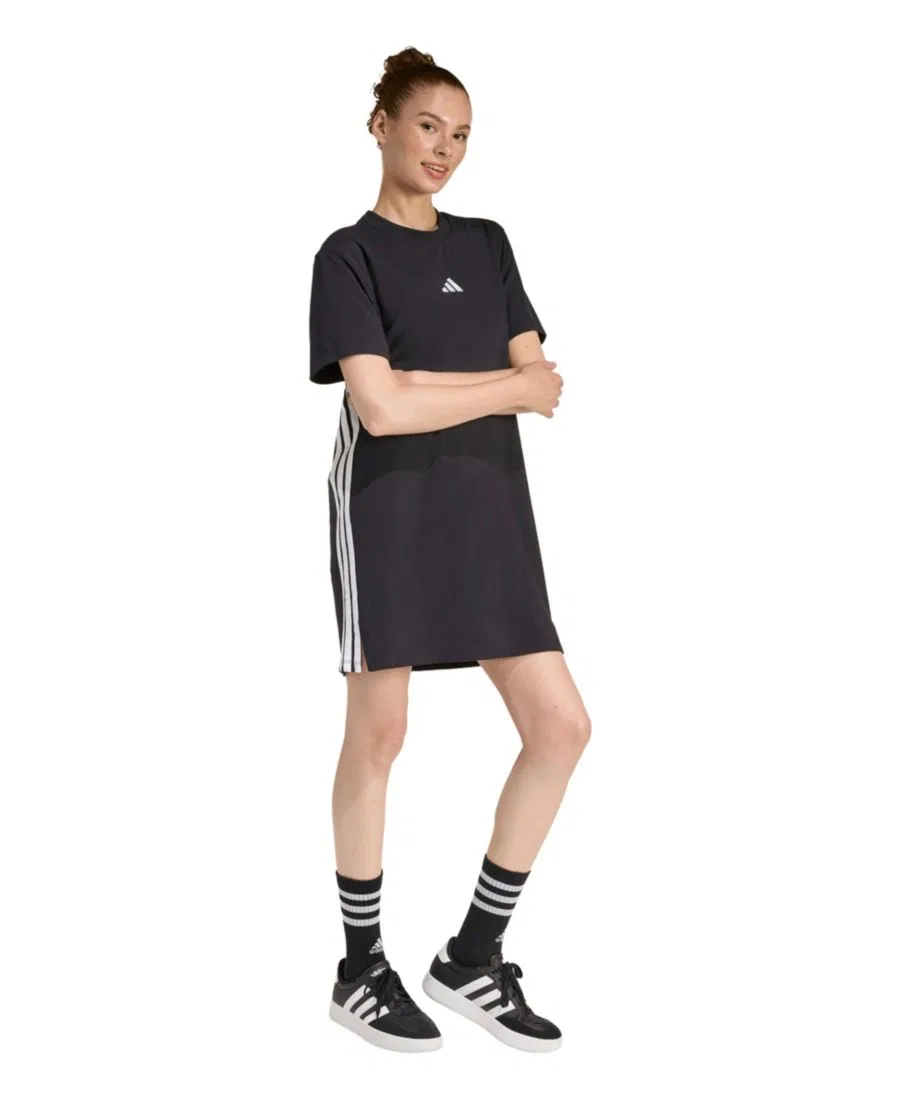 Женская футболка-платье с круглым вырезом и тремя полосками Adidas, черный — фото 2