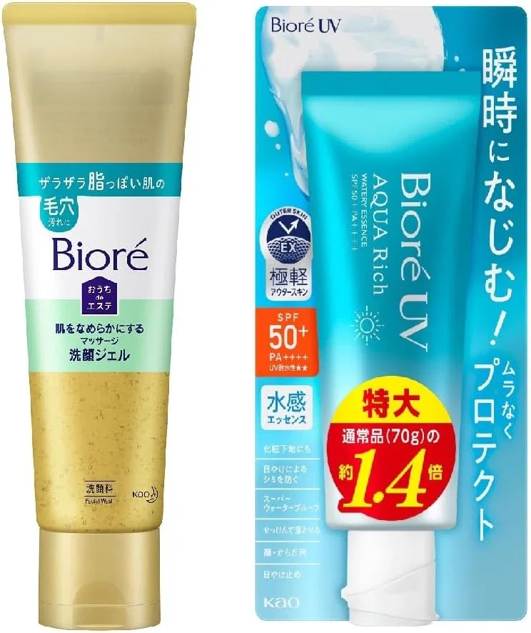 Набор: гель для умывания Biore Home de Esthetics 240 г и солнцезащитная эссенция UV Aqua Rich Watery Essence SPF50+ 100 г