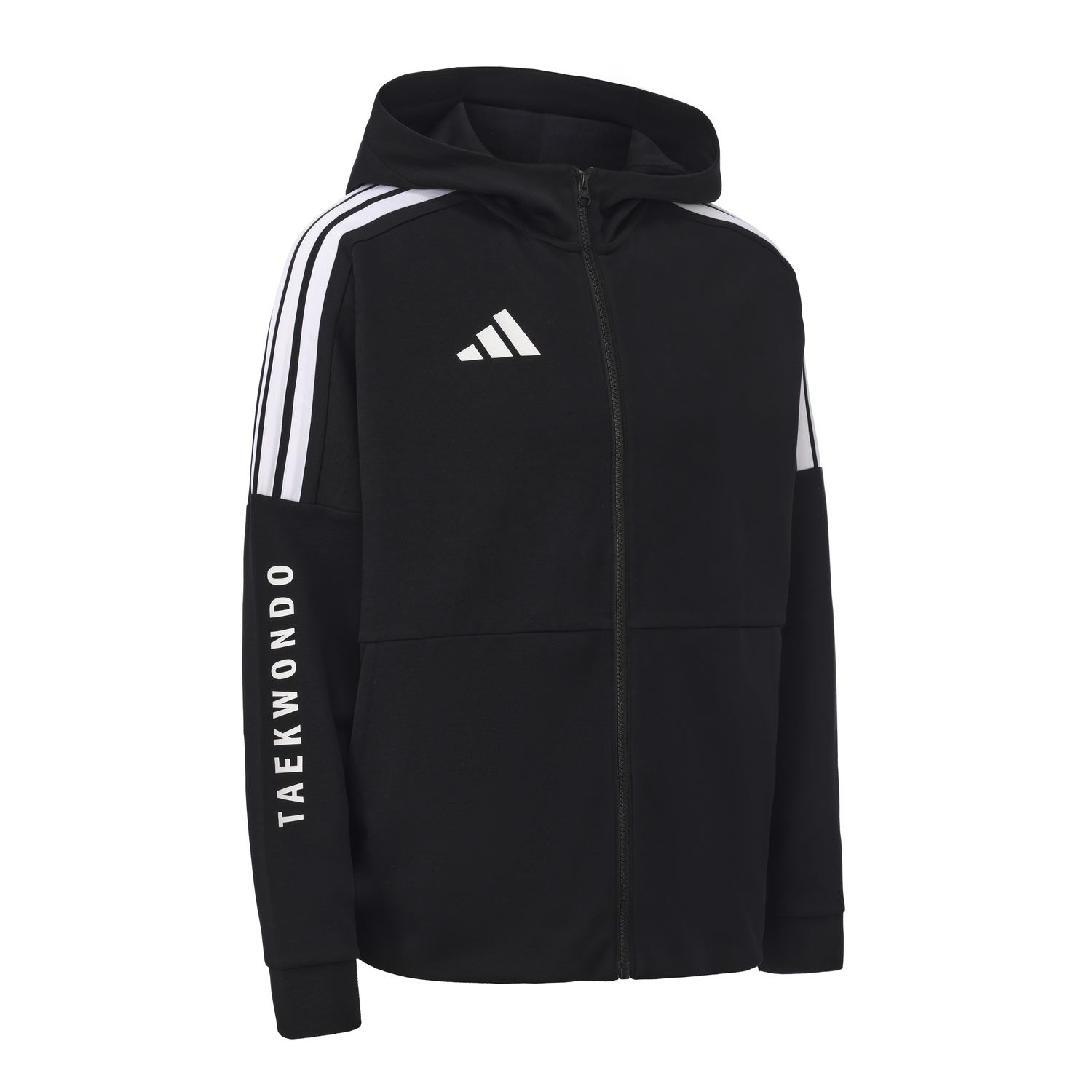 Adidas Куртка унисекс, черная с белыми полосами, с капюшоном, умеренной плотности ткани, с несколькими карманами, трикотажная — фото 4