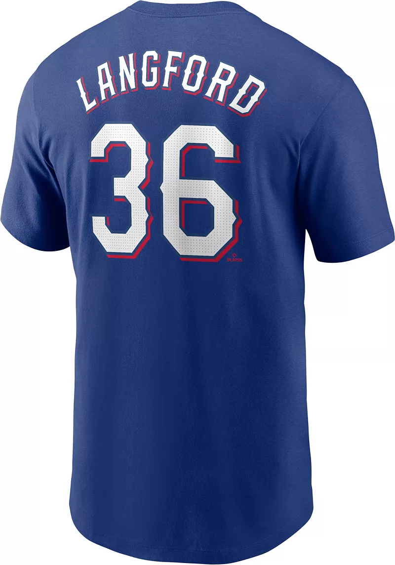 Мужская синяя футболка Nike Texas Rangers Wyatt Langford #36 — фото 3
