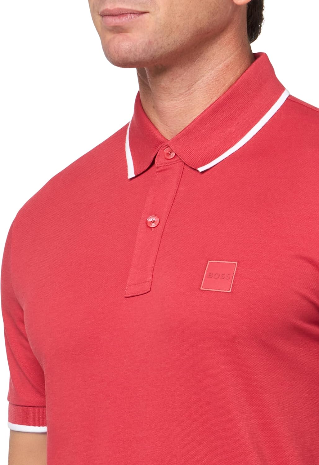 BOSS Мужская поло с квадратным логотипом Slim Fit из хлопка, Hibiscus Red — фото 3