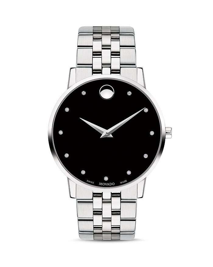 

Классические часы Movado Museum из нержавеющей стали с бриллиантами, 40 мм, черный