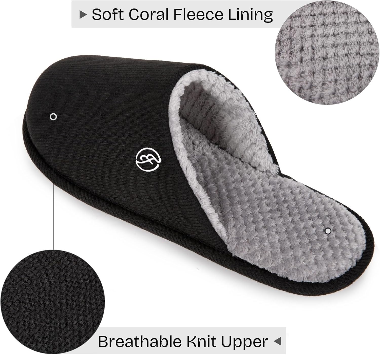 Мужские хлопковые вязаные тапочки EverFoams с легкой подошвой из пены с эффектом памяти для дома с антискользящей подошвой, черный — фото 3