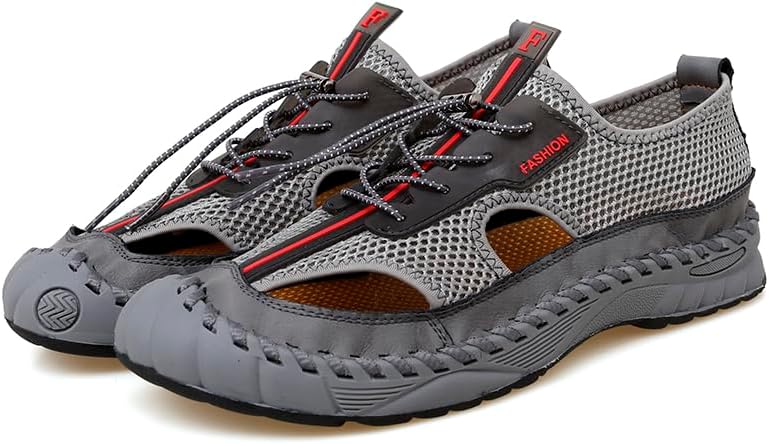 

Мужские походные кроссовки AQIXIDX, спортивные, повседневные, модные, кожаные сандалии для ходьбы, с закрытым носком, дышащие, легкие, пляжные, серый