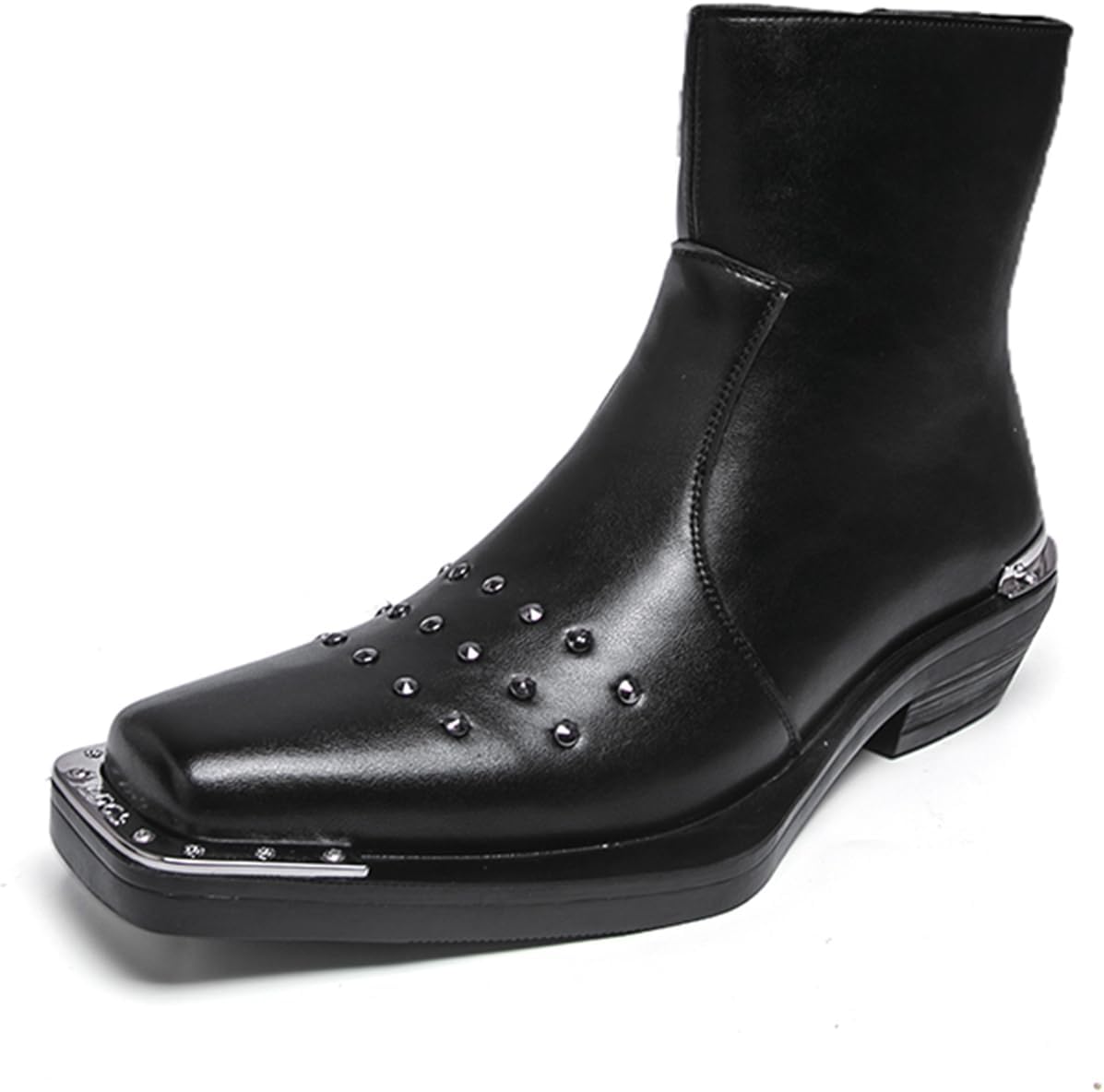 

Мужские ботинки Челси из натуральной кожи с серебряными заклепками, застежкой-молнией, квадратным носком и средним блочным каблуком, для вечеринок, свадеб, встреч, ночных выходов, клубов и повседневной носки Psieicwm