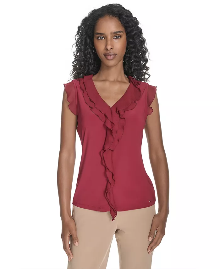 

Женский топ с оборками и комбинированной отделкой Tommy Hilfiger, красный