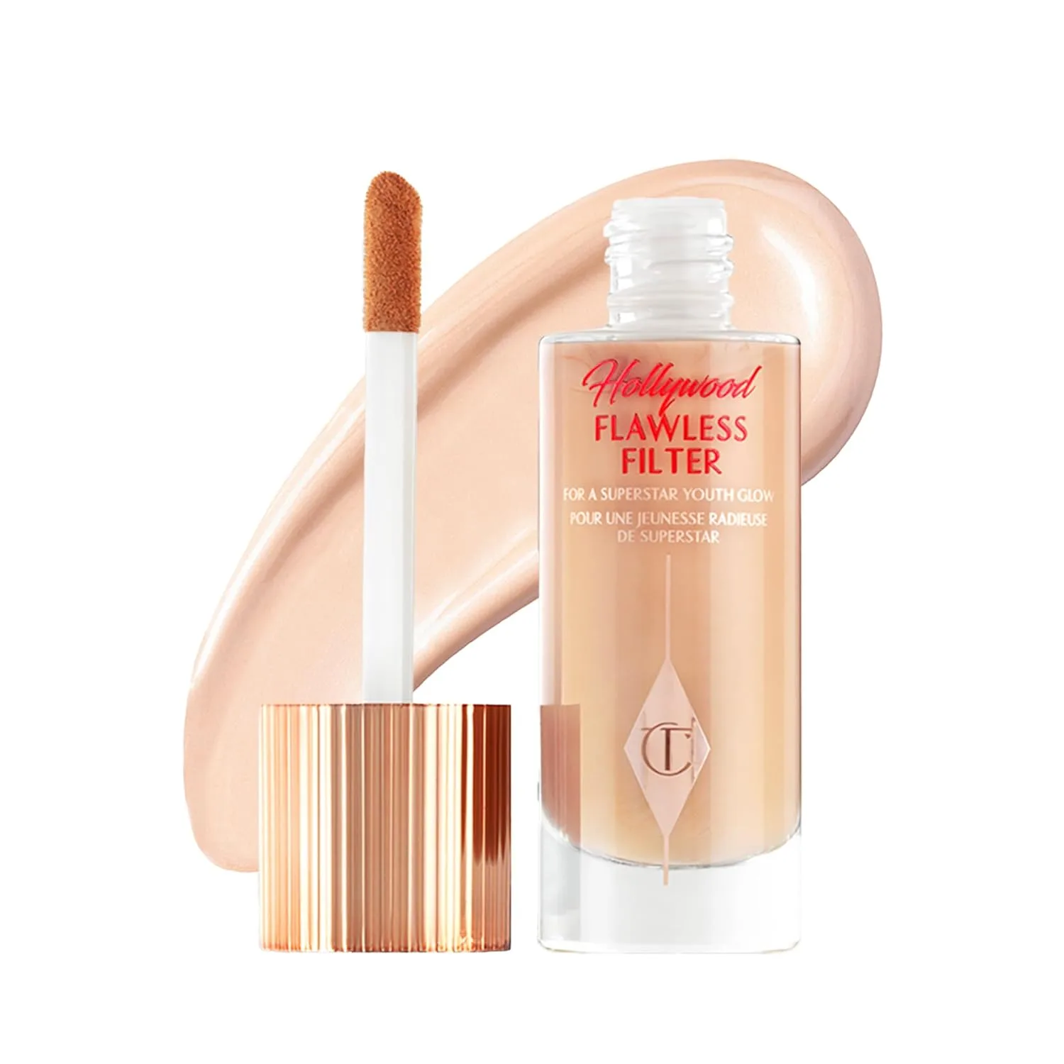 Charlotte Tilbury Hollywood Flawless Filter - универсальный праймер, бустер для сияния и жидкий хайлайтер с легким покрытием для гладкой и матовой кожи, 2 Fair - Golden beige shade for light skin tones