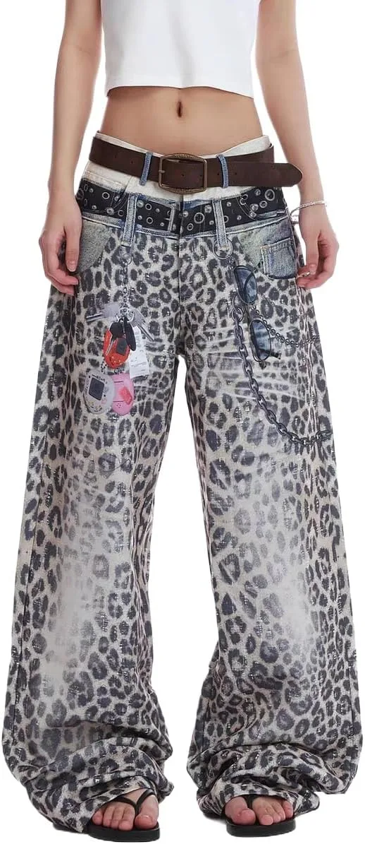 

Джинсы Y2k с двойным поясом и 3D-принтом в виде цепи и леопарда GYPWRCR