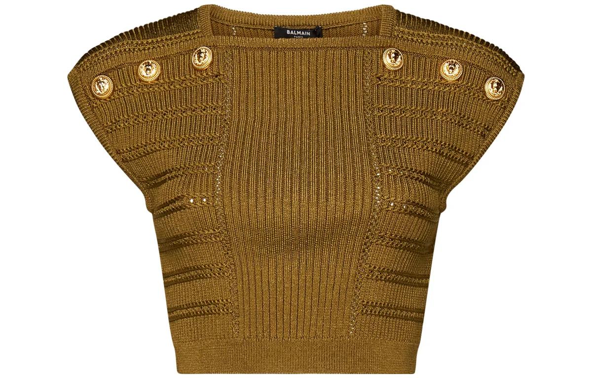 

Короткий вязаный свитер с круглым вырезом BALMAIN, Умбра