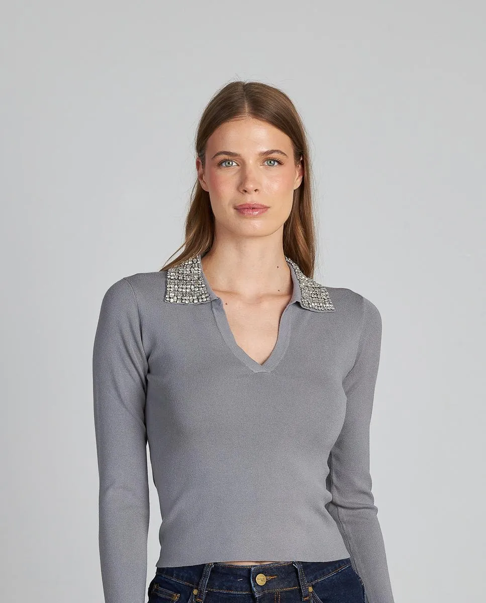 

Женский вязаный топ с воротником-отложным и декором из камней, с V-образным вырезом Alma en Pena, серый