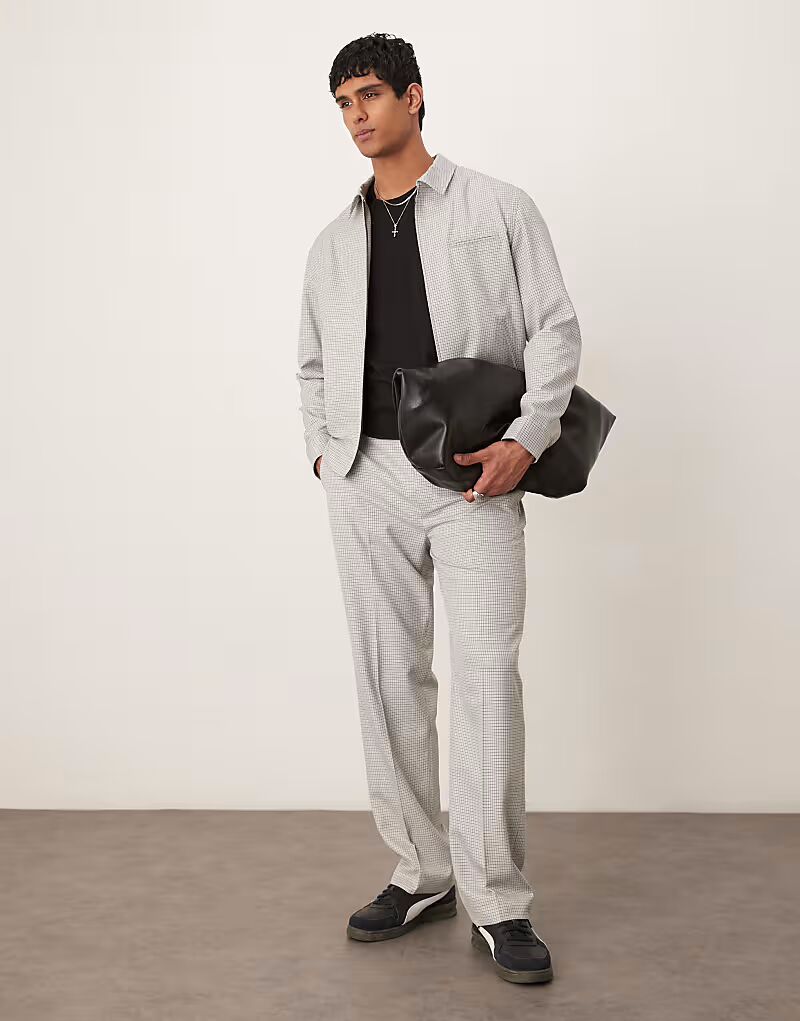 

Классические прямые брюки в серую мелкую клетку с эластичной талией Asos Design