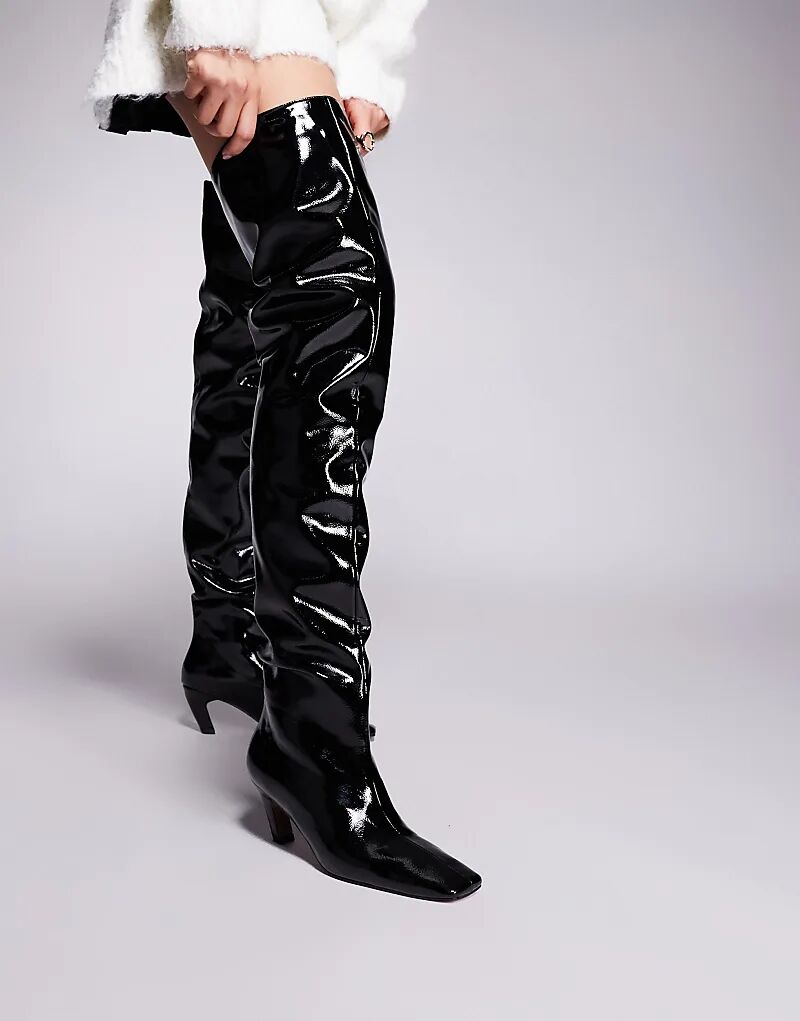 Черные лакированные сапоги Kayla с открытым носком и широкими ботфортами от ASOS DESIGN — фото 4