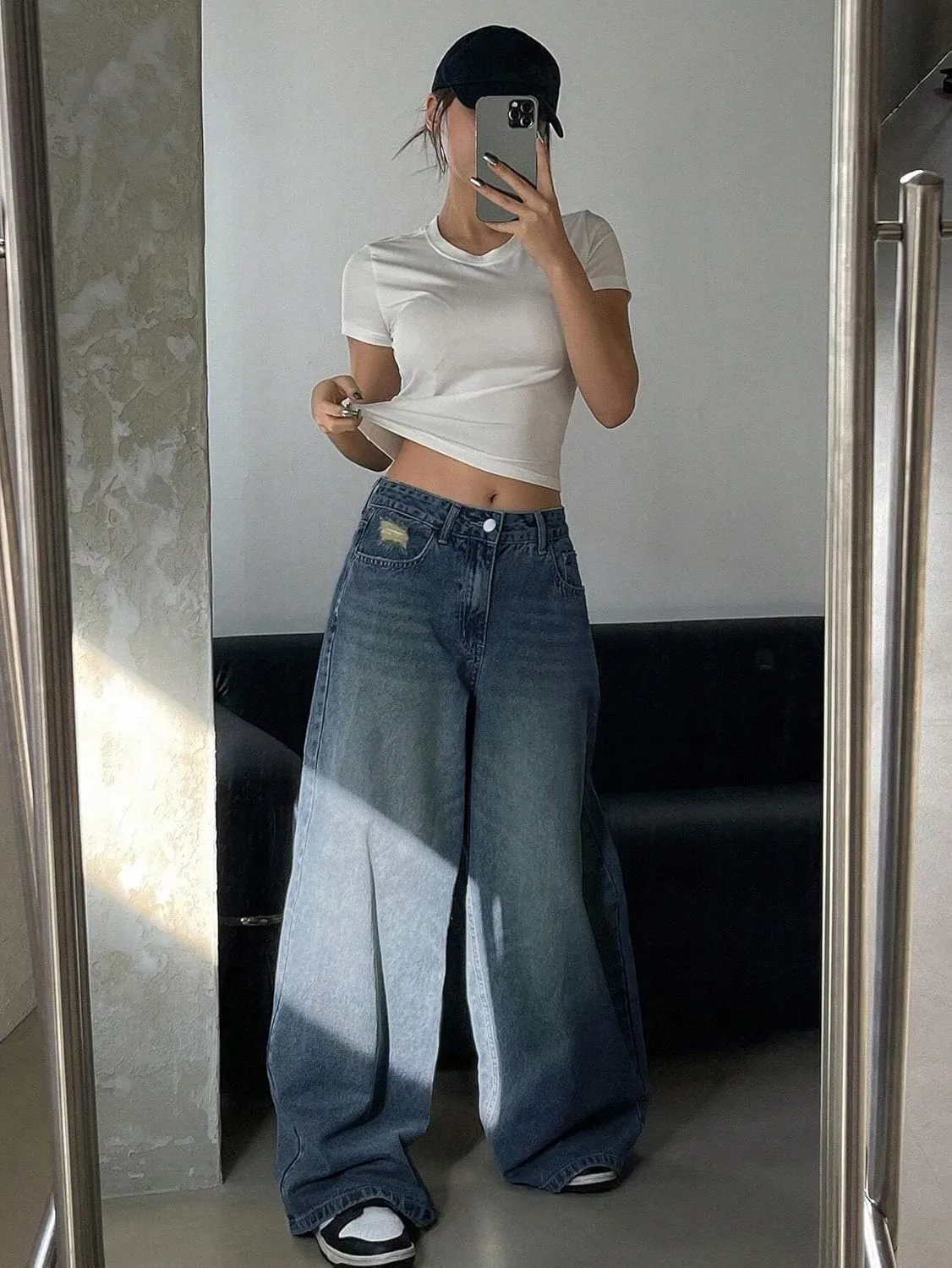 Женские классические джинсы Wide-Leg с карманами и пуговицами Generic, Dark Wash — фото 3