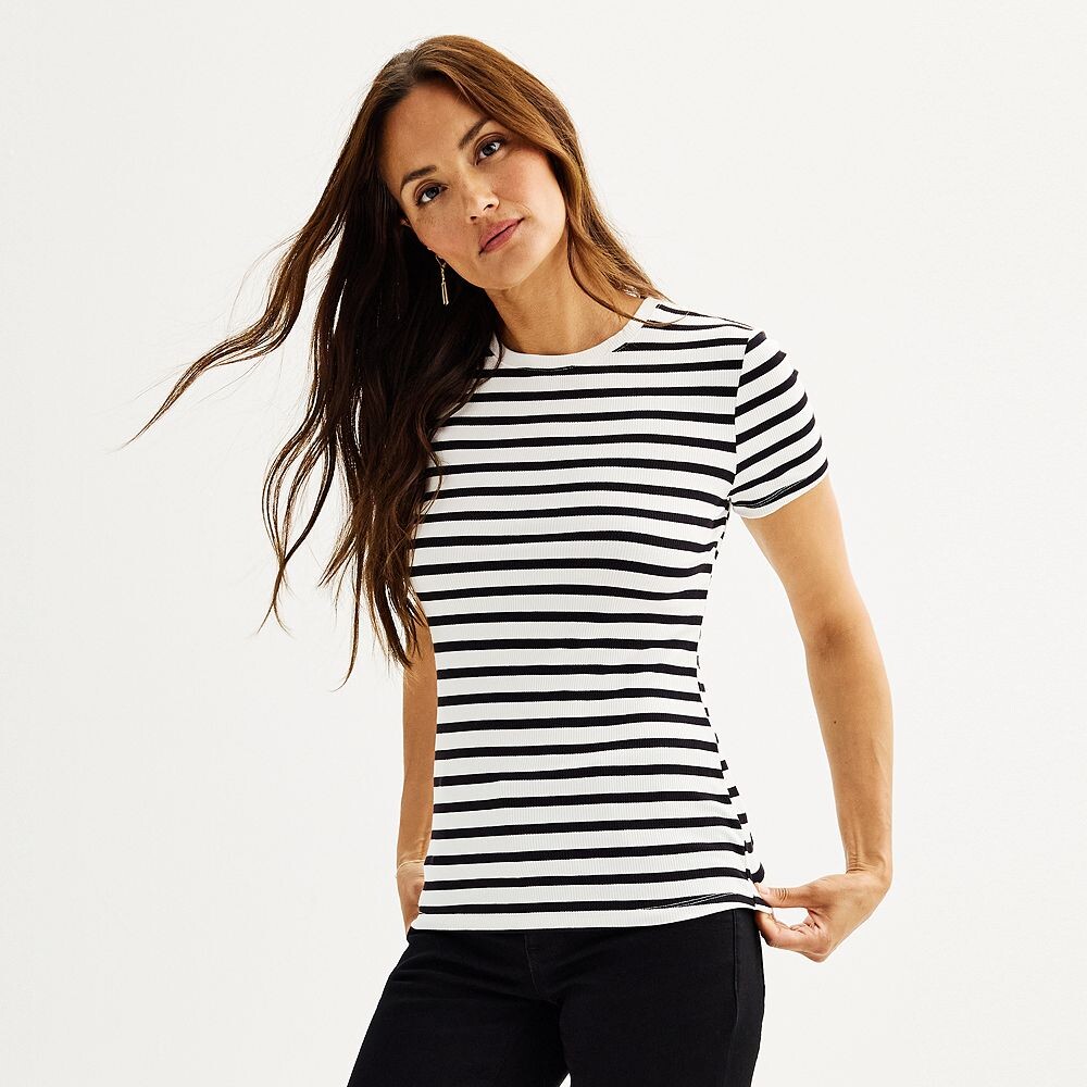 

Женский приталенный топ с круглым вырезом в рубчик Nine West, цвет Black White