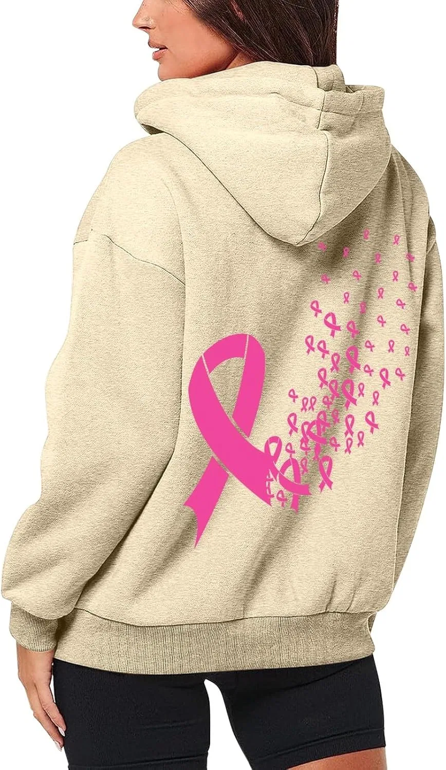 Женская худи с карманом, Pink Ribbon, осведомленность о раке груди, Beige — фото 3
