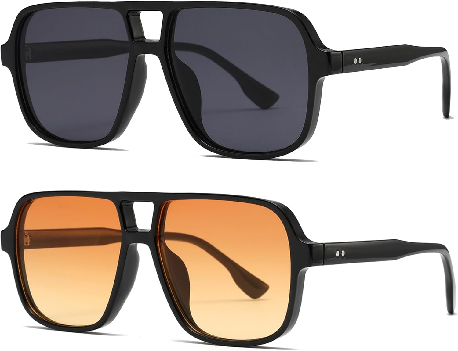 

Солнцезащитные очки Long Keeper Retro Square для женщин и мужчин, модные квадратные солнцезащитные очки в авиационном стиле 70-х годов, винтажные пилотские очки с защитой от УФ-излучения UV400, 2 Pack (Black/Grey+black/Orange)