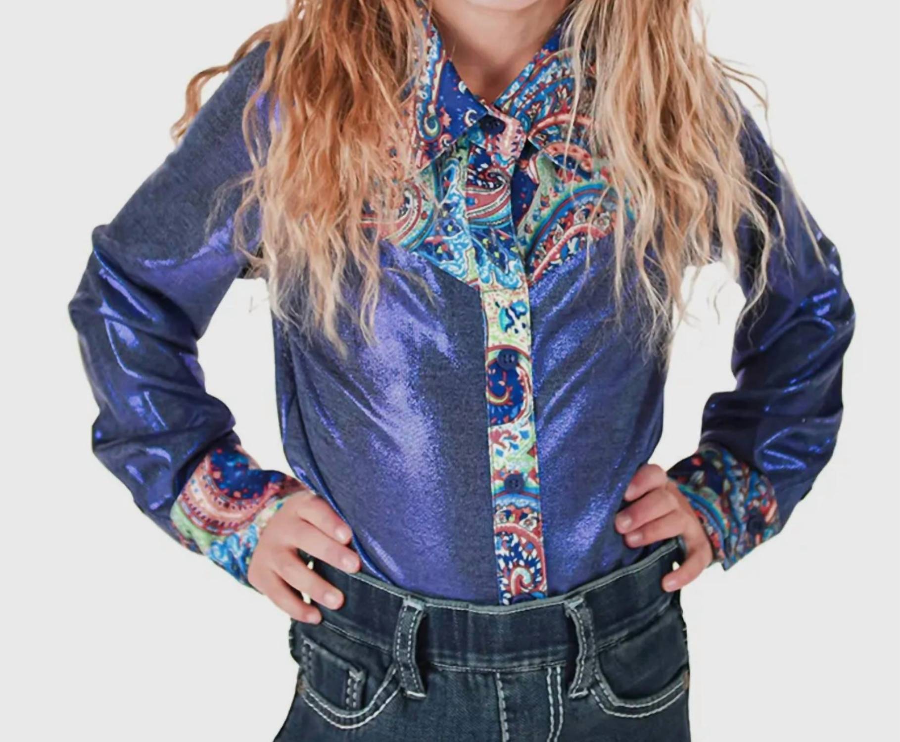 

Cowgirl Tuff Детский металлизированный пуловер на пуговицах с узором «пейсли», синий