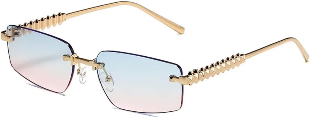 

Безободковые металлические солнцезащитные очки для женщин и мужчин в винтажном, панк-стиле, роскошные, для активного отдыха, вождения, в популярном хип-хопе, с защитой от УФ-излучения UV400 TVTBBVV, Gold Blue Pink