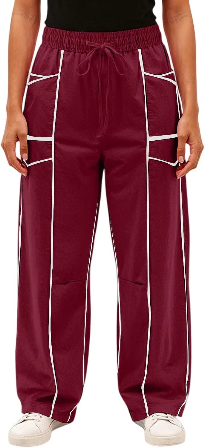 Женские спортивные брюки Barrel Sweatpants свободного кроя с завязками на талии, широкими штанинами, в полоску, с лоскутным узором, повседневные, для отдыха, с карманами — фото 3