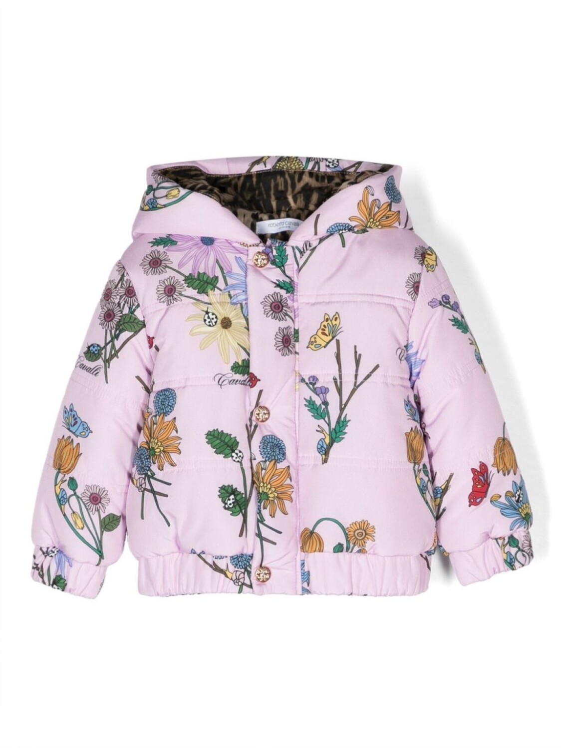 

Пуховик с цветочным принтом и капюшоном Roberto Cavalli Junior, розовый