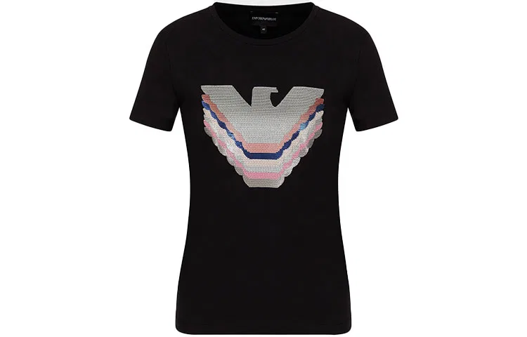 Футболка из хлопка с пайетками и логотипом EMPORIO ARMANI, Black