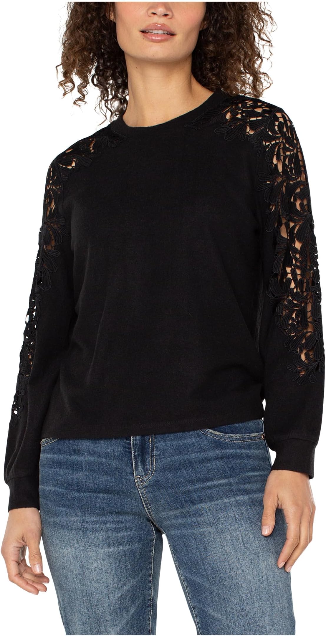 

Женский миниатюрный трикотажный топ с длинными рукавами, круглым вырезом и кружевной вставкой Liverpool Los Angeles, Black