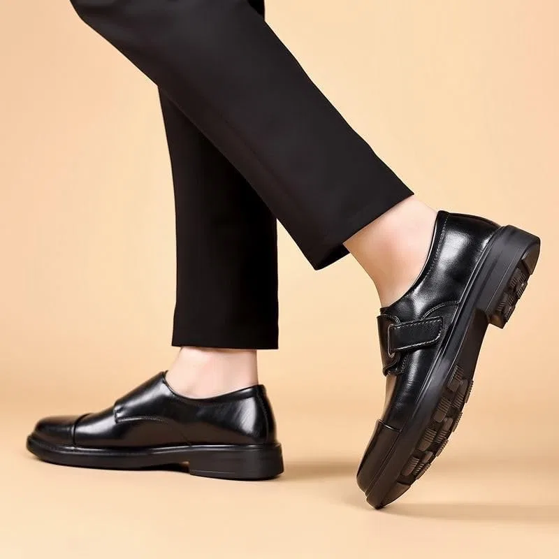Туфли монашеские кожаные Slip-on Round Toe Anti-Slip, Black UOPYNE — фото 4