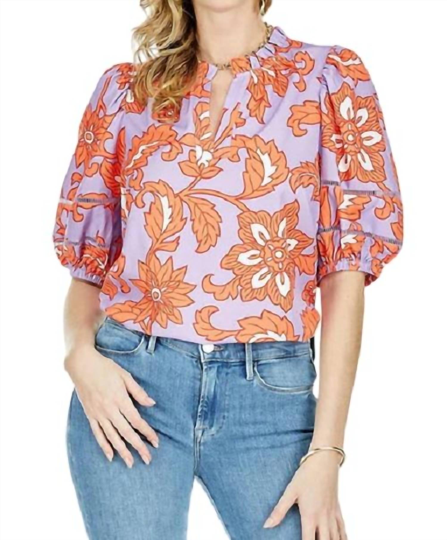 

Топ с пышными рукавами и цветочным принтом на планке Jade, Flowery