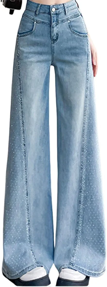 Женские джинсы Wide-Leg с декором из страз, высокие на талии, эластичные, мешковатые, блестящие, расклешенные Generic, светло-голубой