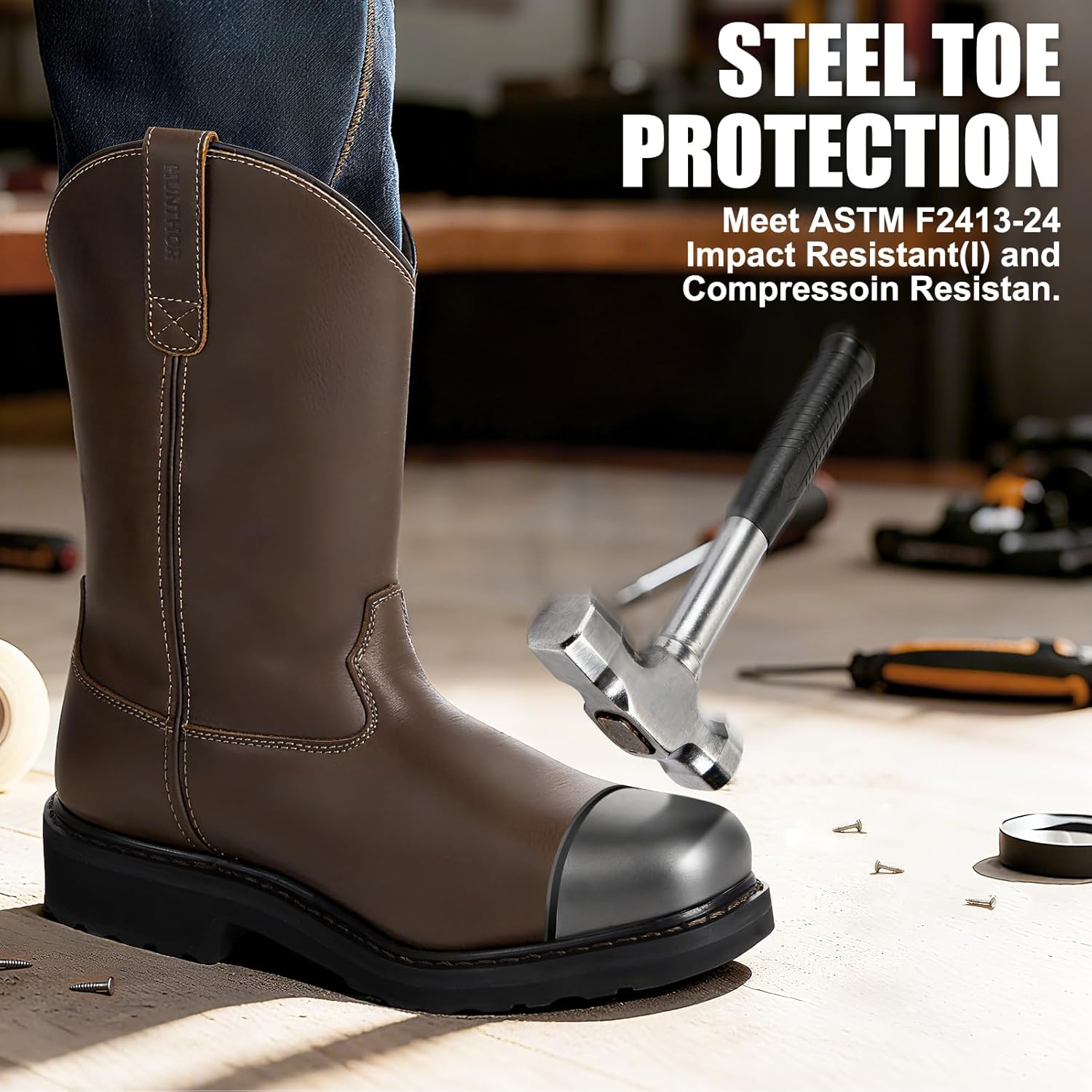 Мужские ботинки hunthor steel toe с защитой от проколов и маслостойкой кожей, темно-коричневый — фото 2