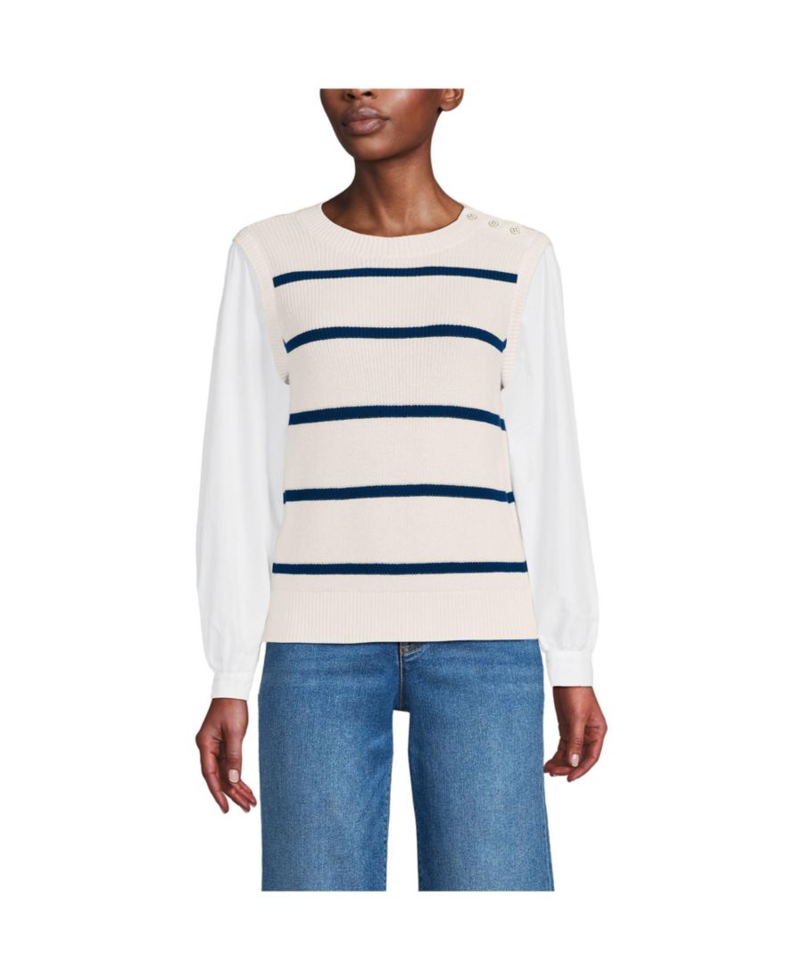 

Женский жилет-свитер Drifter Shaker с пуговицами на плечах и рукавами из поплина Lands' End, Fresh ivory/navy stripe