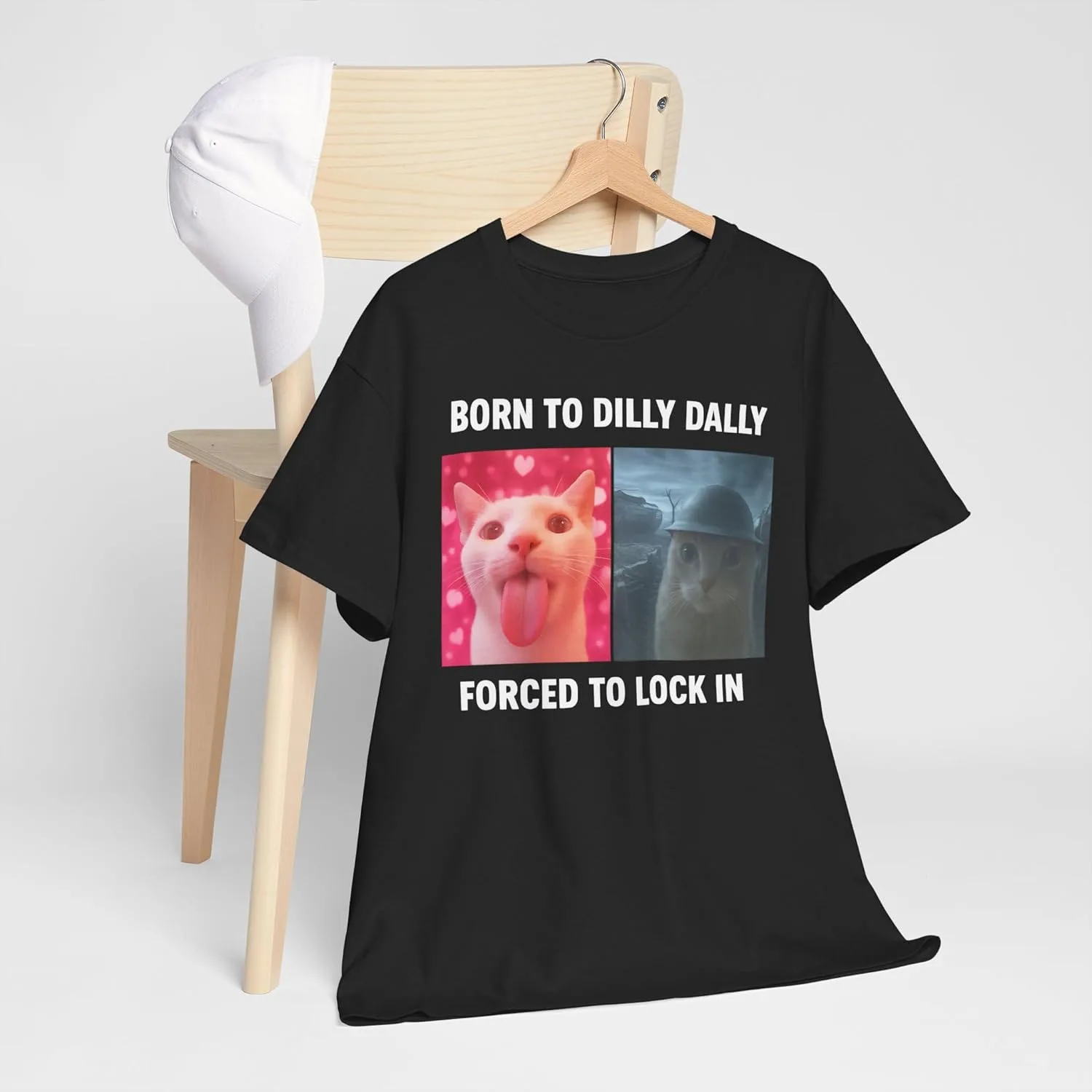 Футболка Born to Dilly Dally Forced to Lock in, с принтом в виде мема про кота, в стиле ироничного юмора Gen Z, вирусная модель в духе Y2K GENERIC, черный — фото 4