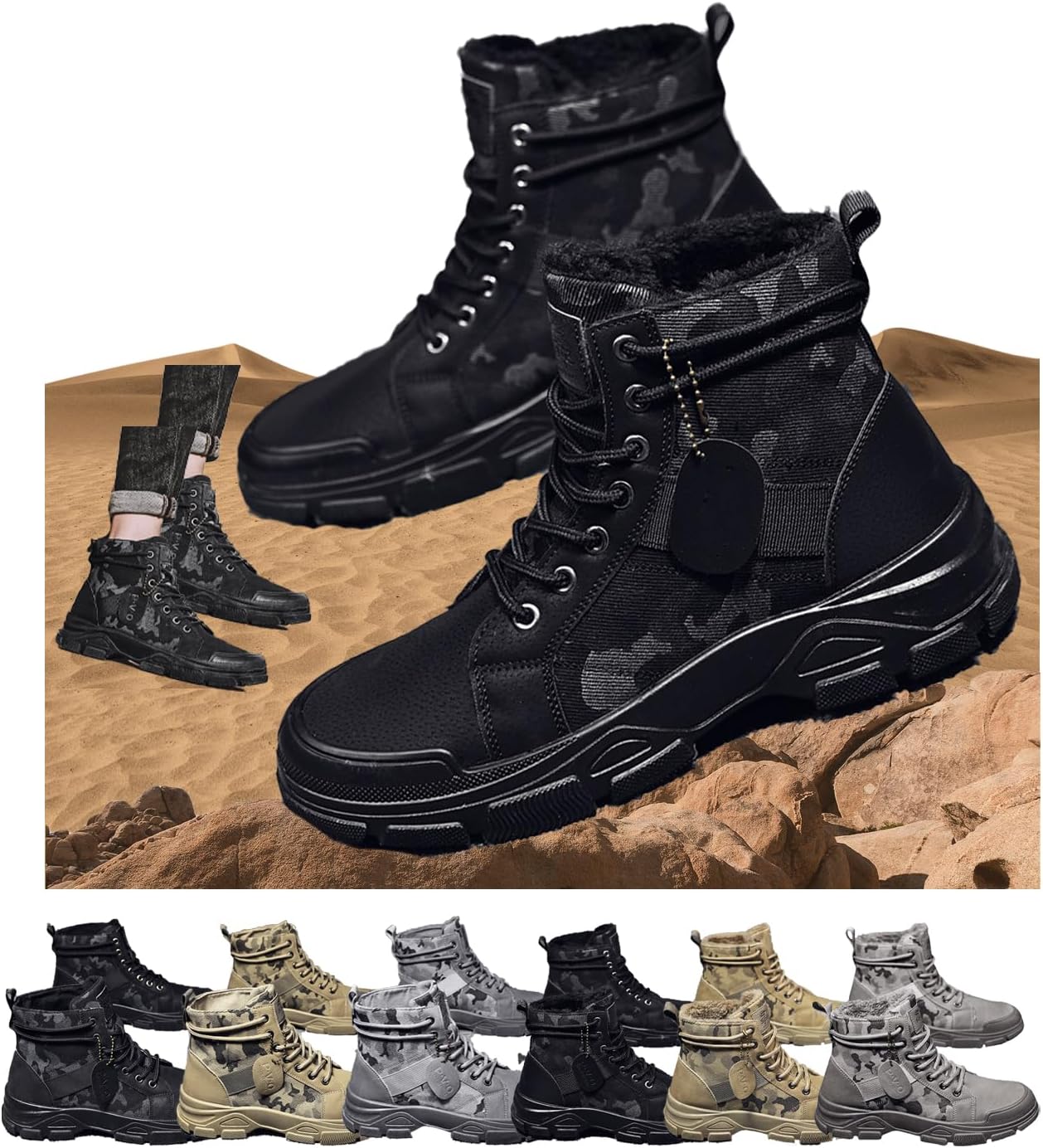 

Тактические высокие ботинки с камуфляжным рисунком для мужчин - Осенне-зимние высокие мужские кроссовки из канвы для походов на открытом воздухе, с утолщенным каблуком для повседневной работы и прогулок Generic, черный